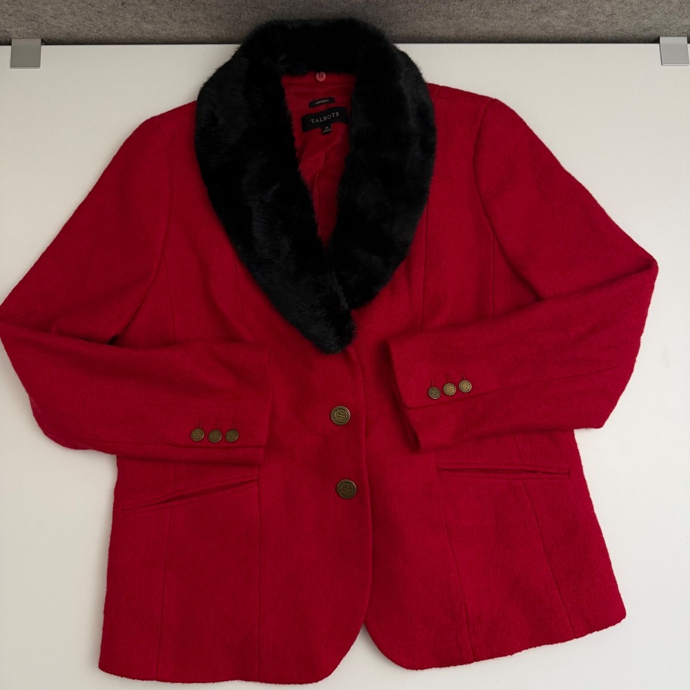 Talbots Aberdeen Red Boiled Wool Blend Blazer Removable Faux Fur Collar Size 14